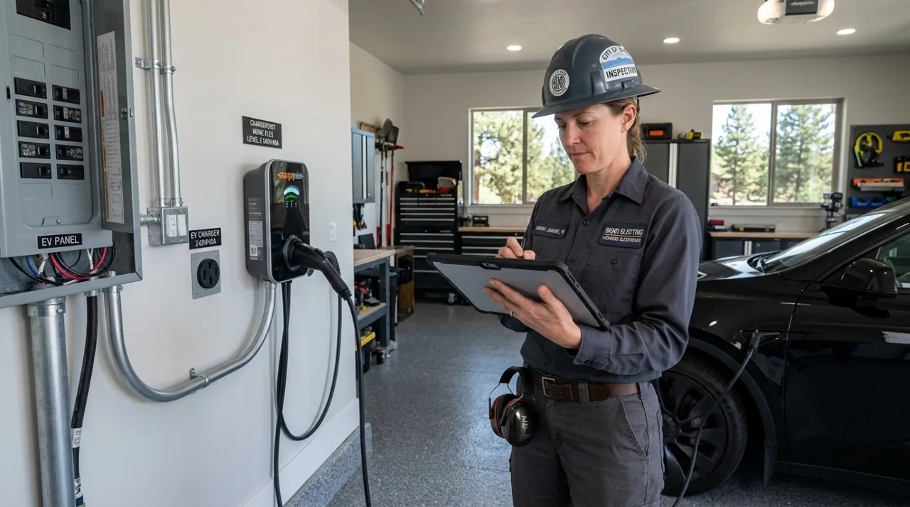 Licensed electrician reviewing City of Bend electrical permit inspection checklist on a tablet