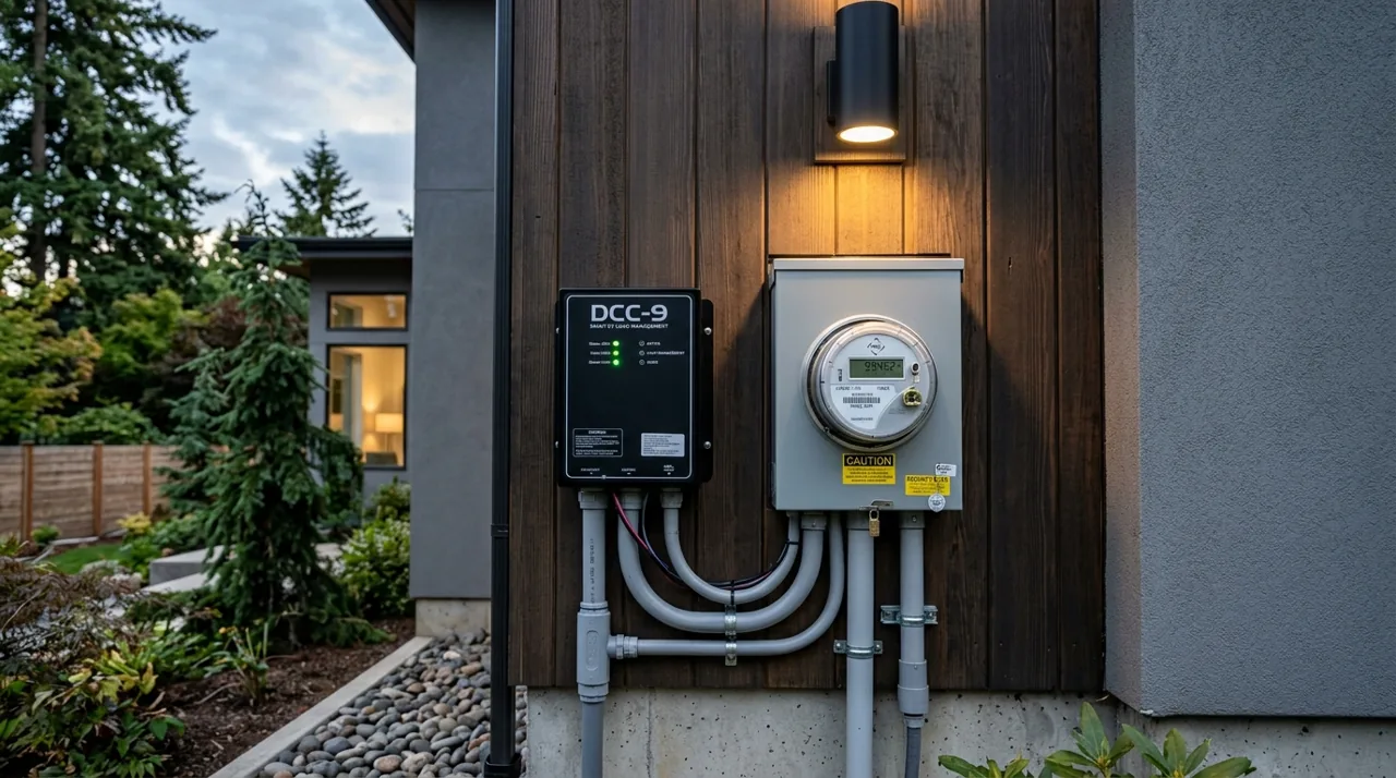 Outdoor DCC-9 Smart EV Energy Manager installed next to digital utility meter on Oregon home exterior