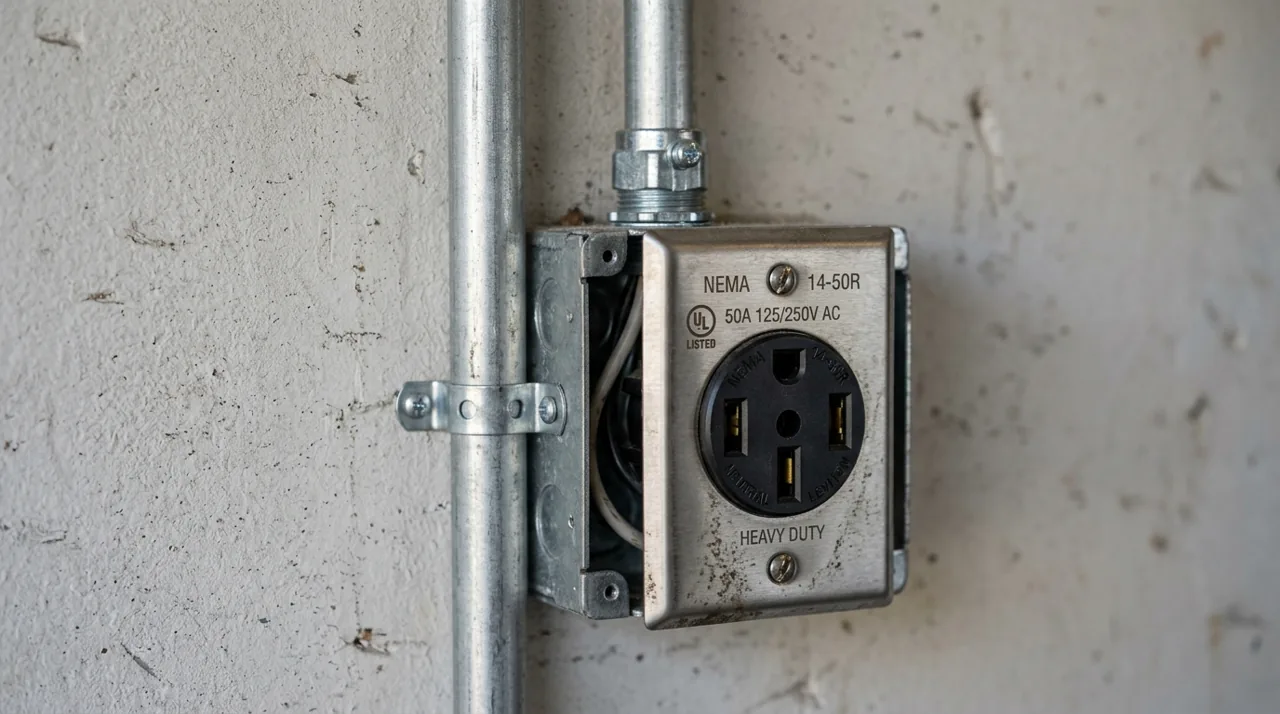 Heavy-duty industrial 240V NEMA 14-50 wall outlet installed with metal faceplate and conduit