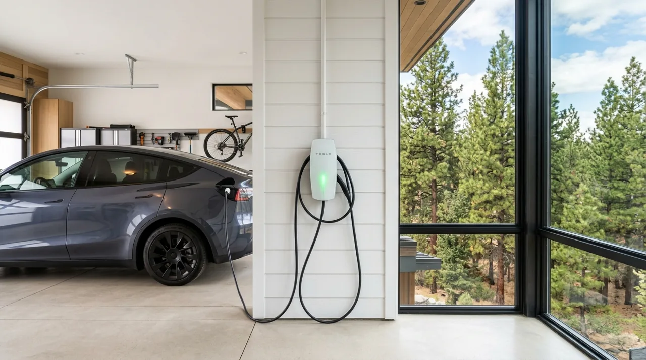Tesla Wall Connector Gen 3 hardwired 48A Level 2 EV charger mounted in Bend Oregon garage